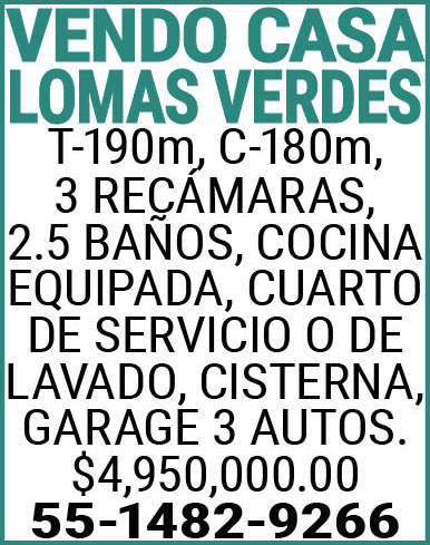VENDO,CASALOMAS,VERDEST-190m,C-180m, 3,RECAMARAS,2.5,BAÑOS,COCINA EQUIPADA,CUARTO,DE,SERVICIO,O,DE,LAVADO,CISTERNA, GARAGE,3,AUTOS.,$4,950,000.00 55-1482-9266