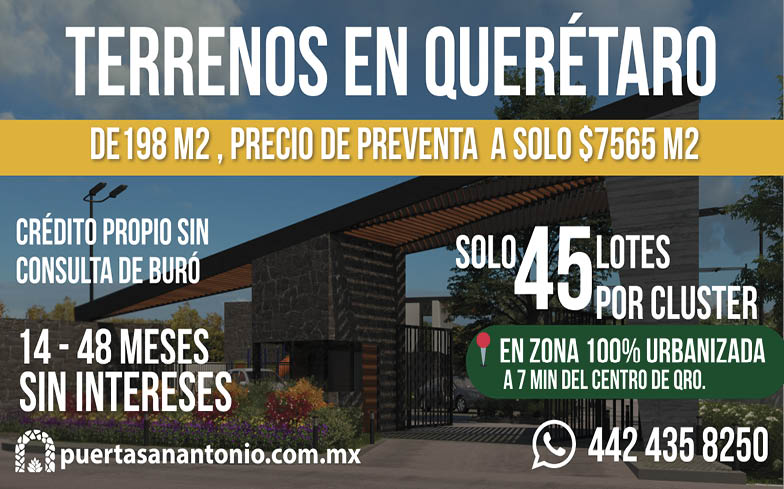 TERRENOS,EN,QUERETARODE,198,M2,PRECIO,DE,VENTA,A,SOLO,$7565,M2442-435-8250