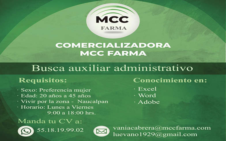 COMERCIALIZADORA,MCC,FARMABUSCA,AUXILIAR,ADMINISTRATIVO55.18.19.99.02