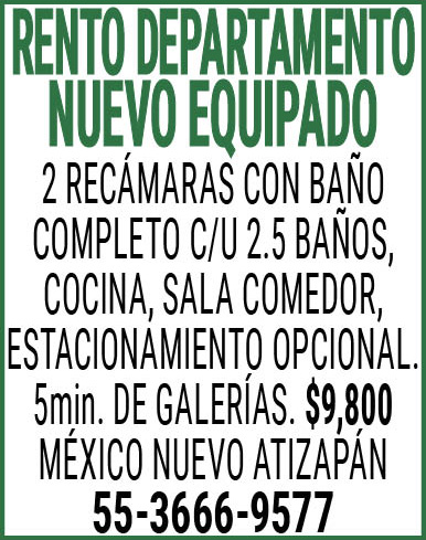 RENTO,DEPARTAMENTO,NUEVO,EQUIPADO2,RECAMARAS,CON,BAÑO,COMPLETO,C/U 2.5 BAÑOS,COCINA,SALA COMEDOR,ESTACIONAMIENTO,OPCIONAL.5min.,DE GALERIAS.,$9,800,MÉXICO,NUEVO,ATIZAPAN55-3666-9577