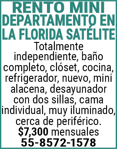 RENTO MINI DEPARTAMENTOEN LA,FLORIDA SATELITE Totalmente,independiente,baño,completo, clóset,cocina,refrigerador,nuevo, mini,alacena,desayunador,con,dos,sillas, cama,individual, muy,iluminado, cerca,de,periférico.,$7,300,mensuales55-8572-1578