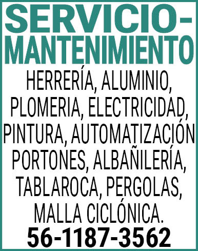SERVICIO-MANTENIMIENTOHERRERÍA,,ALUMINIO,,PLOMERIA,,ELECTRICIDAD,PINTURA,,AUTOMATIZACIÓN,PORTONES,,ALBAÑILERÍA,,TABLAROCA,,PERGOLAS,,MALLA CICLÓNICA.56-1187-3562