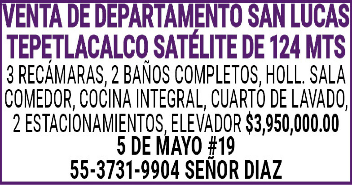 Venta de departamento san lucas tepetlacalco satelite de 124…