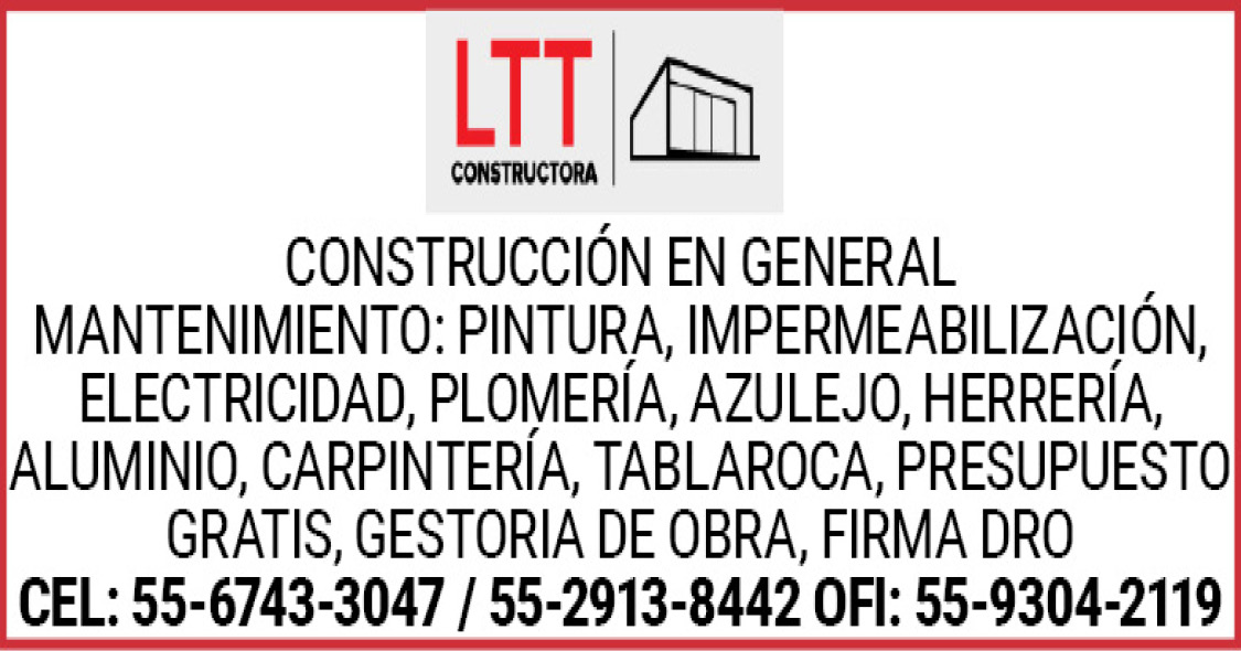 CONSTRUCCIÓN,EN,GENERALMANTENIMIENTO:,PINTURA,,IMPERMEABILIZACIÓN,,ELECTRICIDAD,,PLOMERÍA, ,AZULEJO,,HERRERÍA,,ALUMINIO,,CARPINTERÍA,,TABLAROCAPRESUPUESTO,GRATIS,,GESTORIA,DE,OBRA,,FIRMA,DROCEL:,55-6743-3047,/,55-2913-8442 OFI:,55-9304-2119